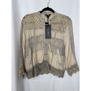 NWT Young Threads Boho Patchwork Lace Button Front Top Size M “Latte" Cream